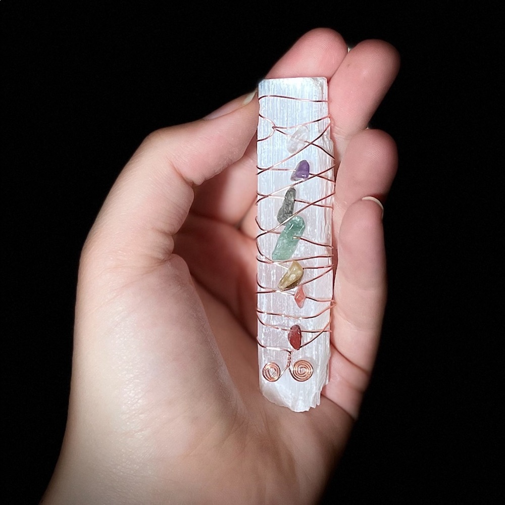 Wire Wrapped Selenite Satin Spar Chakra Wand